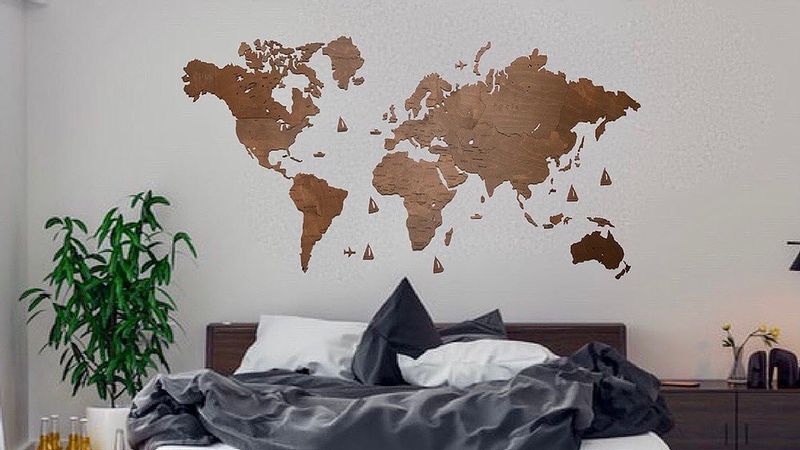 Деревянная карта Мира на стену с названиями Стран, Темно-Коричневая, L (200*130 cm)