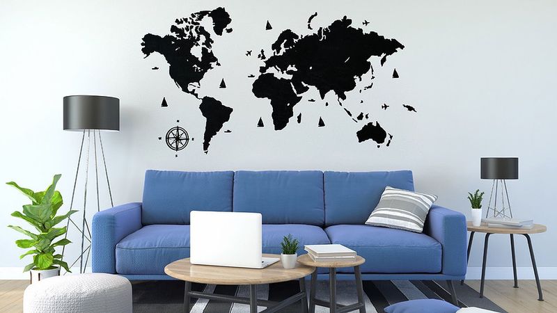 Деревянная карта Мира на стену с названиями Стран, Черная, L (200*130 cm)