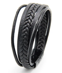 Мужской кожаный браслет BlackPink Плетение 20.5 см, Чернвый + Серебро