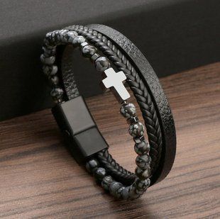 Браслет шкіряний з камінням Сross Black, сірий 21