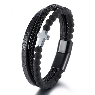 Браслет шкіряний з камінням Сross Black, style 3
