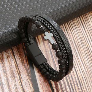 Браслет шкіряний з камінням Сross Black, вулканіт 21
