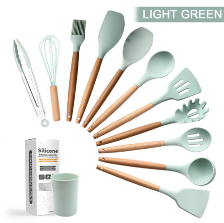 Кухонний набір силіконовий з дерев'яною ручкою 12 предметів Світло Зелений
