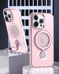 Магнітний чохол з попсокет для iPhone 15 Plus + Magsafe Полупрозорий матовий, Розовый