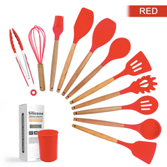 Кухонный набор силиконовый с деревянной ручкой 12 предметов Красный