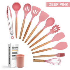 Кухонный набор силиконовый с деревянной ручкой 12 предметов Темно-Розовый