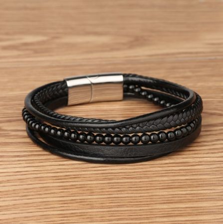 Кожаный браслет BlackPink с Кожаный Трио, Черный, 20.5 см.