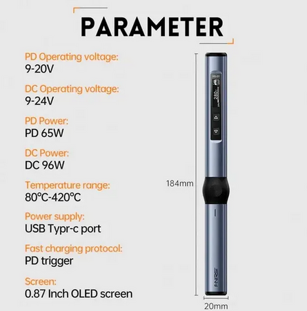 Паяльник электронный Smart FNIRSI HS-01 PD 65 Вт стандарт + 5 жал + PD 65W Kit