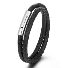 Кожаный браслет Style , Чорний+срібний замок