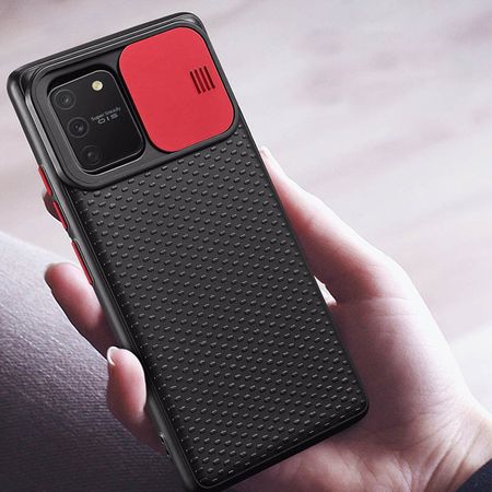 Чехол Camshield Black TPU со шторкой защищающей камеру для Samsung Galaxy S10 Lite, Черный / Красный