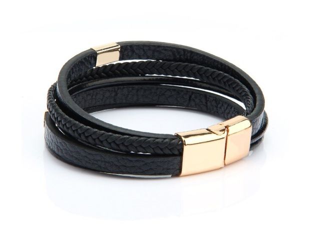 Мужской кожаный браслет BlackPink 5 Линий + Вставка стали 20.5 см, Черный