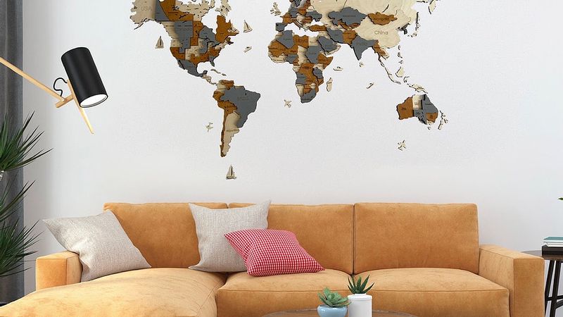 Многослойная Карта Мира на стену серо-коричневая, S (120*80 cm) с названиями стран
